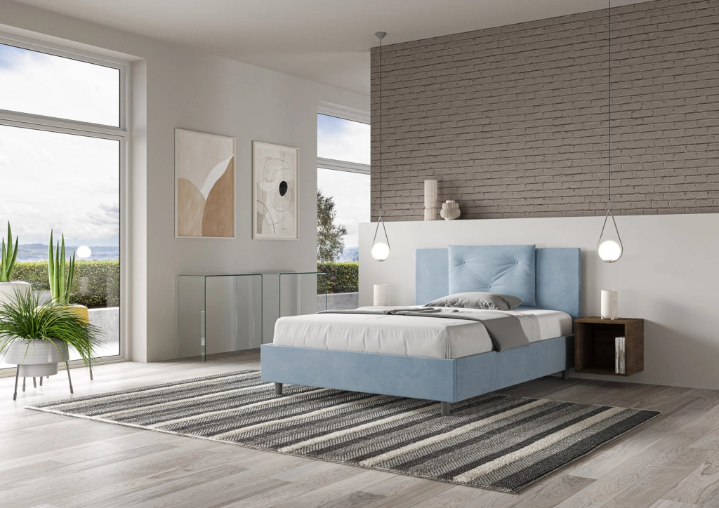 BS COM Letto queen size con rete imbottito 150x210 microfibra azzurro