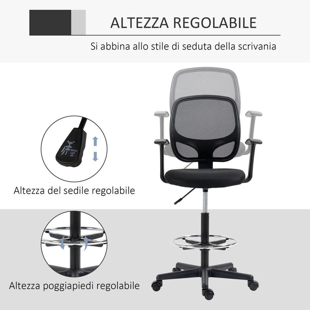 SEDIA DA UFFICIO AD ALTEZZA REGOLABILE CON BRACCIOLI ROTELLE E SEDUTA IMBOTTITA, 60X56X110-132 CM  NERA