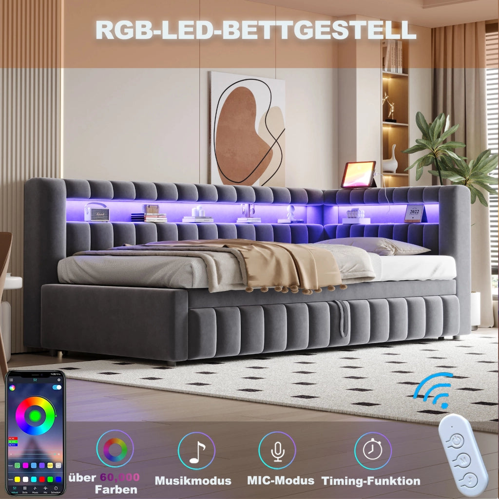 LETTO imbottito estraibile 90x200 cm velluto grigio con LED