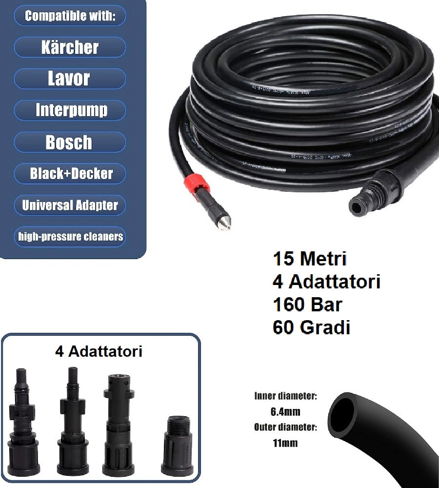 Micro Sonda PVC Sturatubi per Idropulitrice 15 metri con 4 Adattatori inclusi