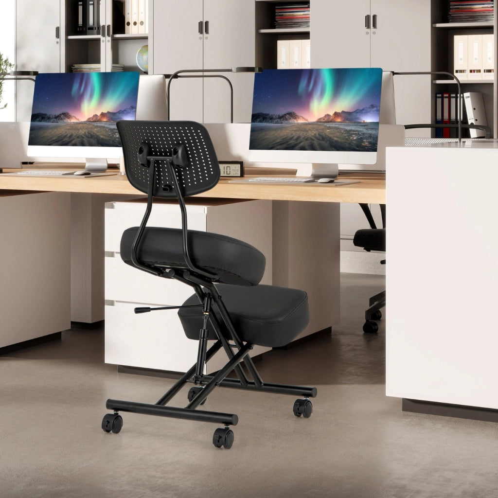 Sedia ergonomica con supporto lombare per inginocchiarsi-Sgabello correttore con ruote universali bloccabili Nero