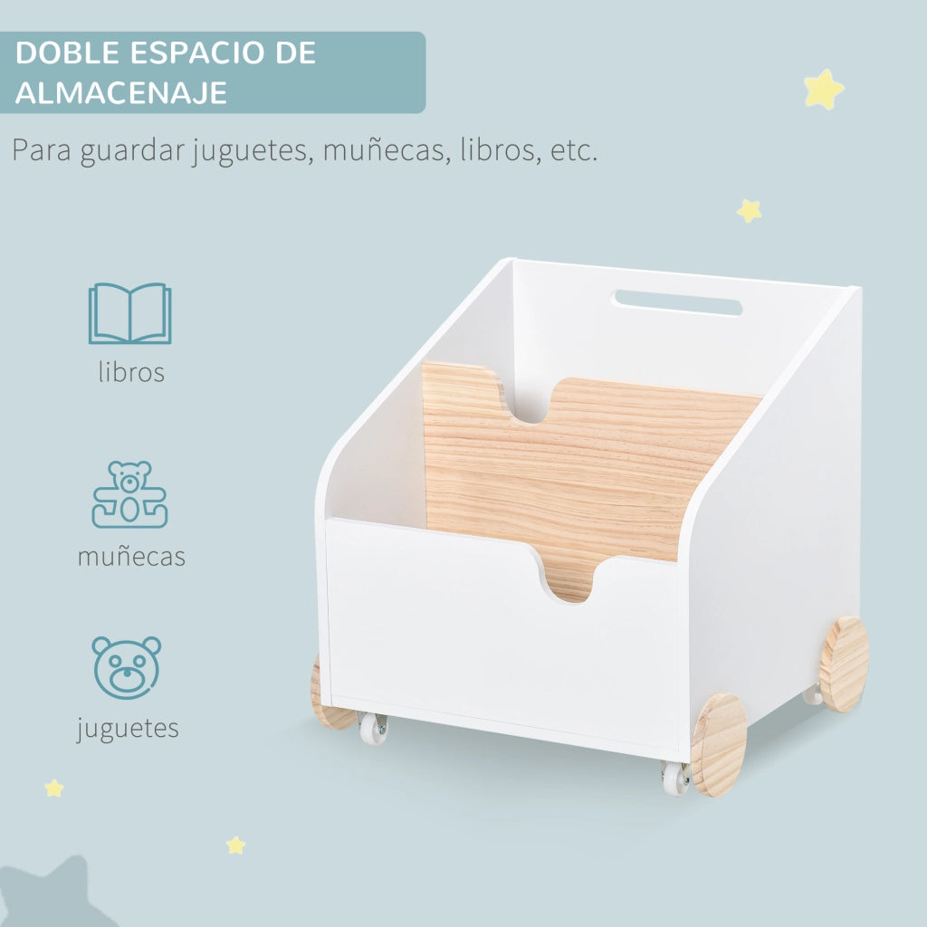 Libreria Bambini per Giocattoli 2 Scomparti con Ruote ¨C Minimal ¨C 40x43x43 cm Bianco e Naturale