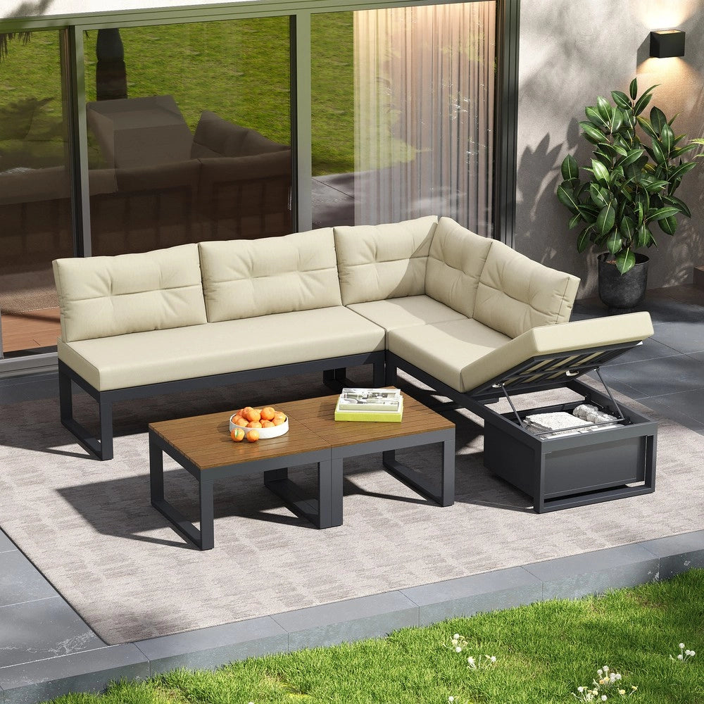 Set da giardino 3 in 1 - Zephmum- Schienale regolabile, funzione relax, cuscini spessi, tessuto poliestere resistente alle intemperie, colore beige