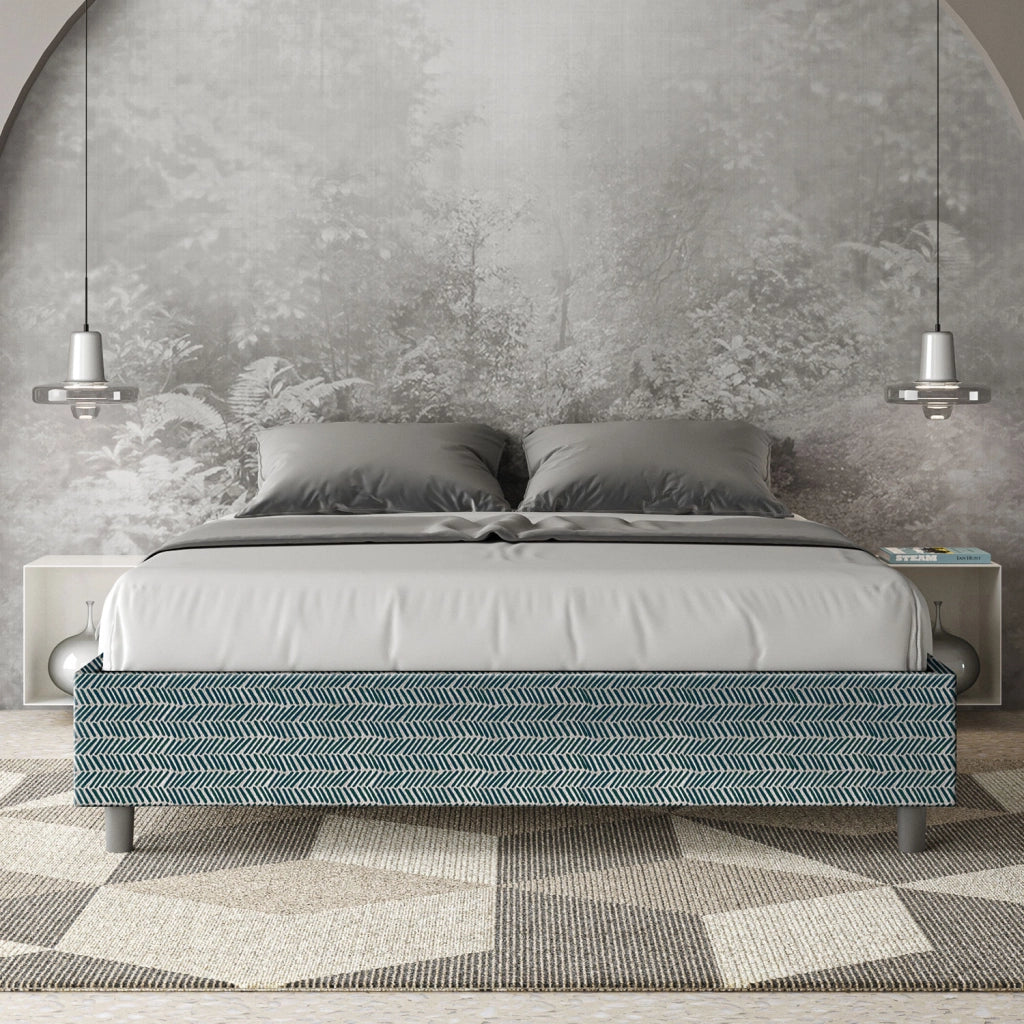 Letto Matrimoniale 160x210 cm con Rete e Contenitore Giroletto con Alzata Comoda Imbottito in Tessuto Aragona Azelia Blu