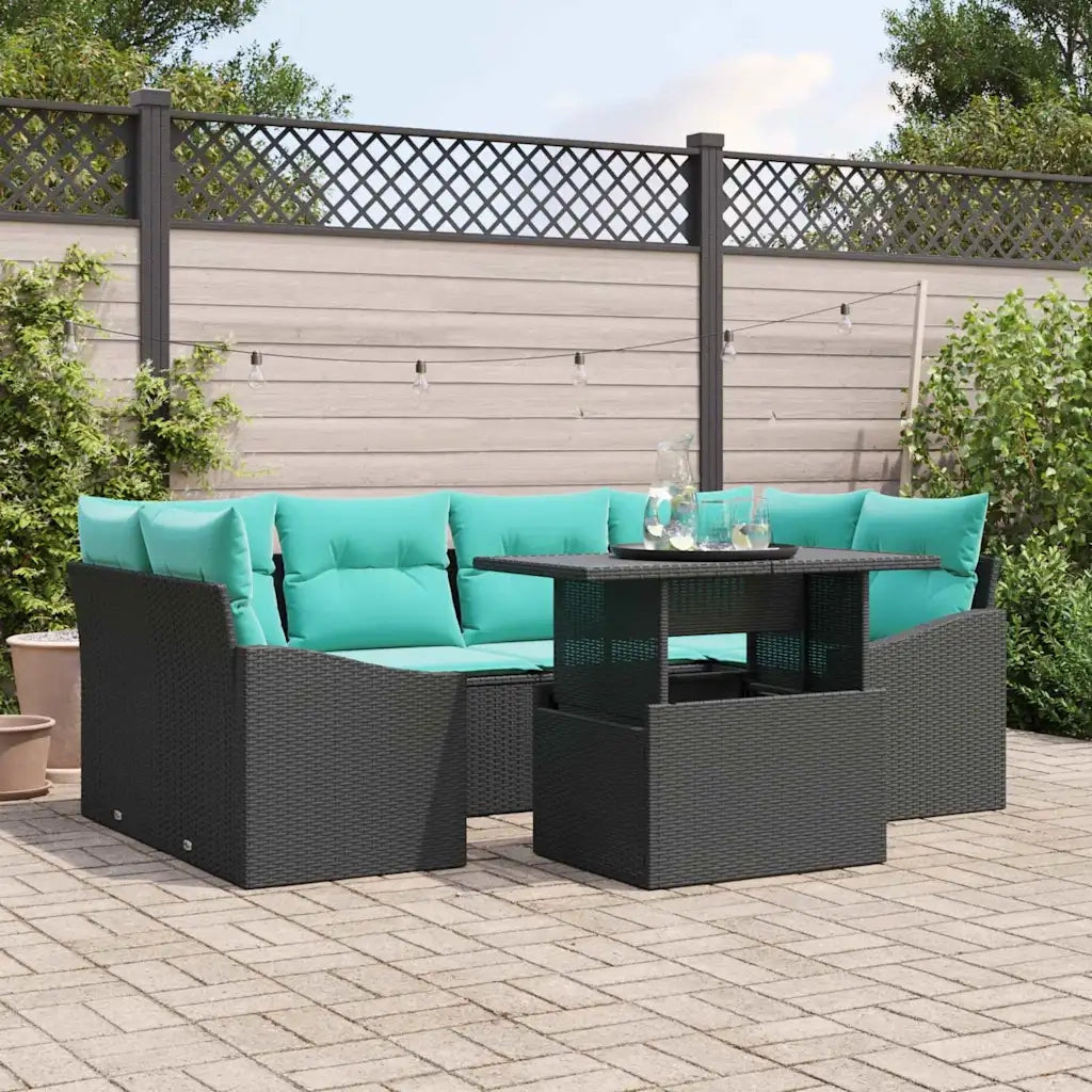 Set Divano da Giardino con cuscino 7 pcs Nero e Blu Poly Rattan 3348942