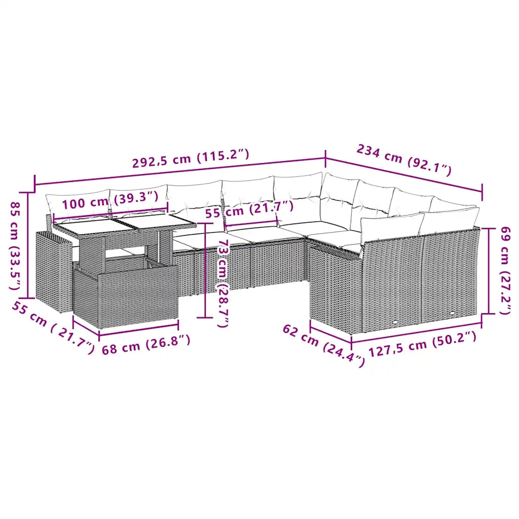 Set Divani da Giardino 10 pz con Cuscini Grigio in Polyrattan 3267511