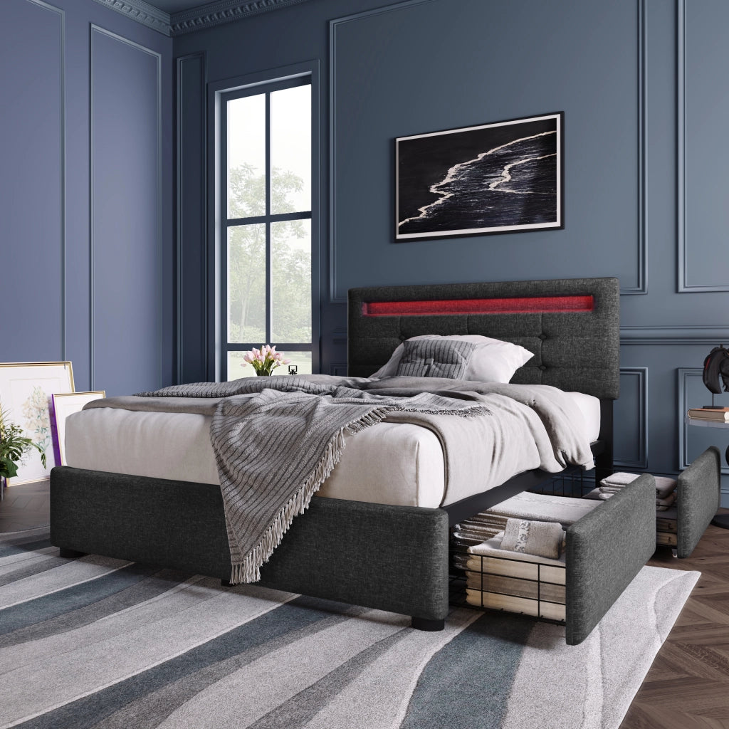 LETTO Singolo 90x200 cm in lino grigio con LED e 2 cassetti