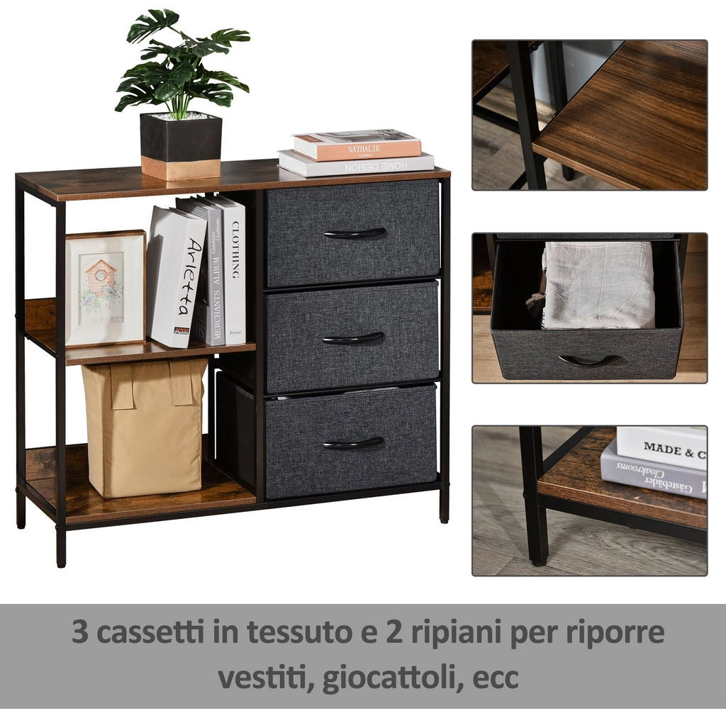MOBILE CASSETTIERA MULTIUSO CON CASSETTI IN TESSUTO 80X29X71CM MARRONE E GRIGIO