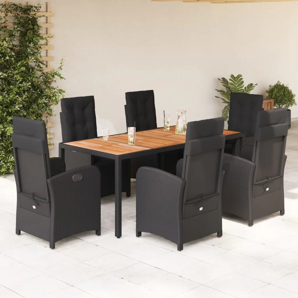 Set da Pranzo da Giardino 7 pz Nero con Cuscini in Polyrattan