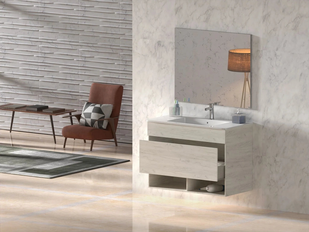 Mobile Bagno NEBARI com gambe Già Montato 1 cassetto, lavabo e specchio Bianco lucido 80x45 cm con colonna