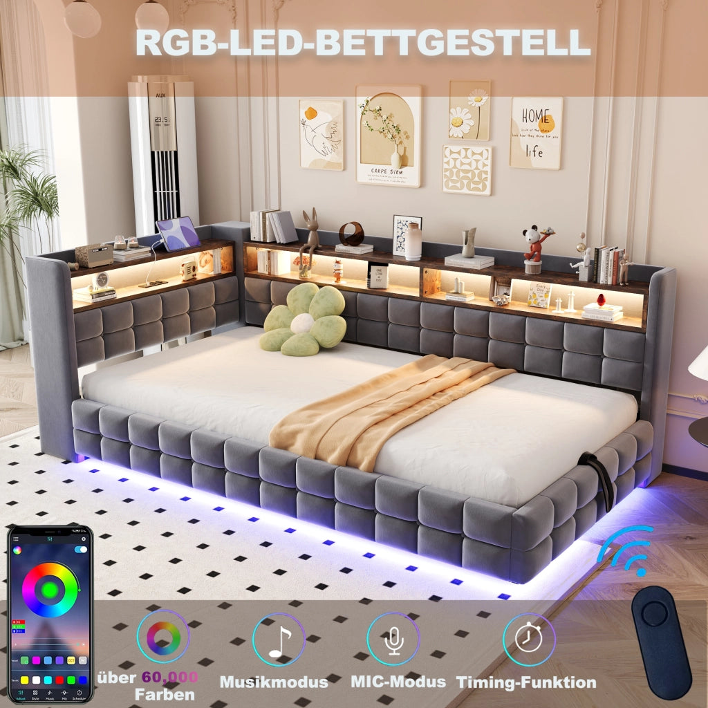DIVANO LETTO 90x200 cm in velluto grigio con LED, prese USB e vano contenitore
