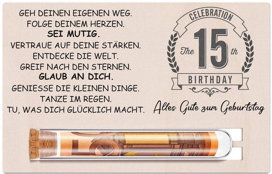 Regali di denaro 17° Compleanno - Set di regali Incluso biglietto di legno - Imballo con boccia di reazione - Tema "Buon Compleanno" - Slogan ispiratori