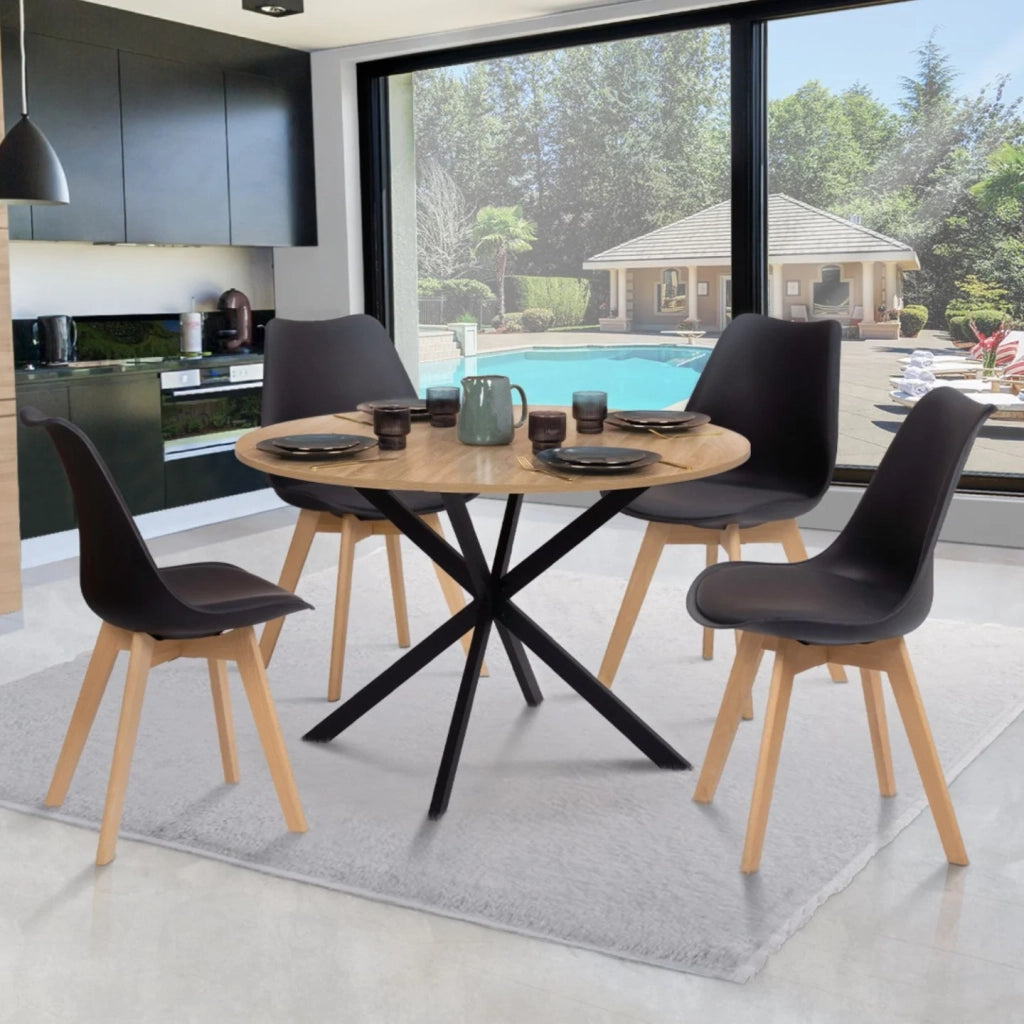 IDMarket - Tavolo da pranzo rotondo ALIX 110 cm in legno e nero e set di 4 sedie SARA nere