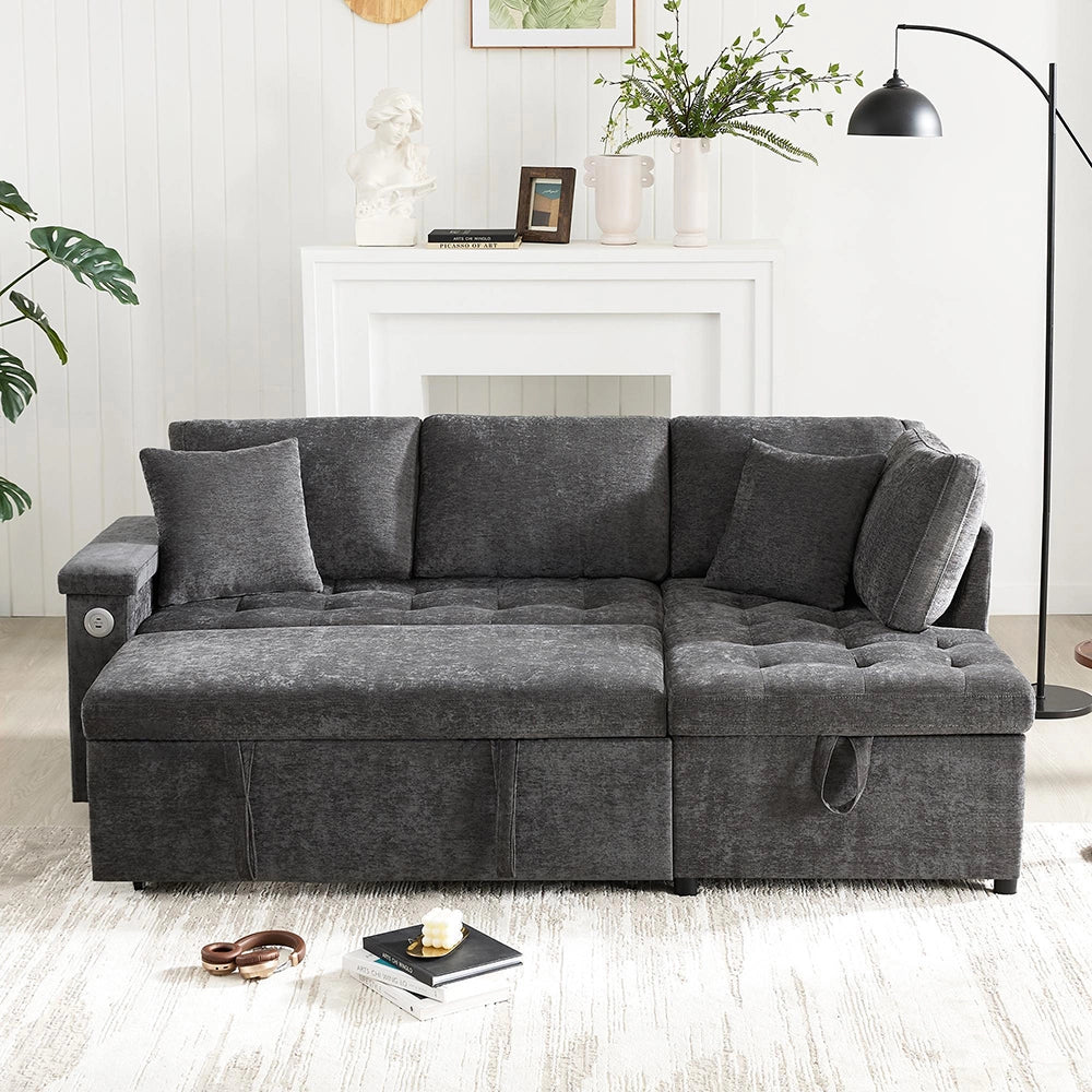 Divano moderno a L - Xylo - Letto convertibile, USB, grigio