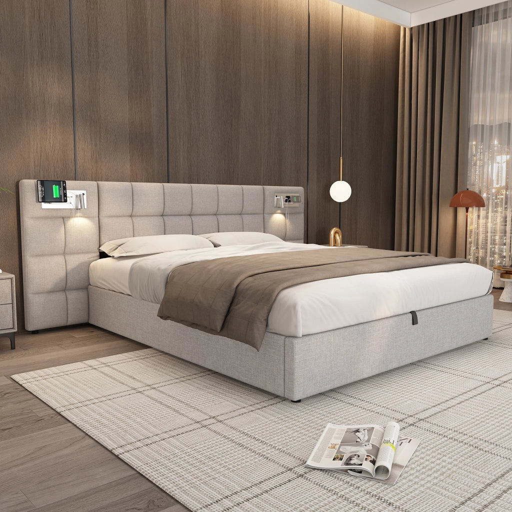 Letto imbottito 180x200 cm - Zephmum - USB, ricarica wireless, luce, contenitore