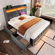 LETTO imbottito 160x200 cm Grigio con LED, USB, cassetti e ripiani