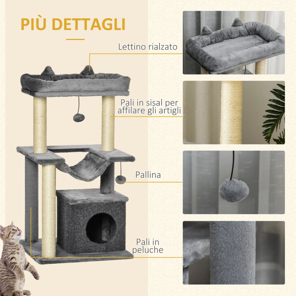 Tiragraffi per Gatti con Casetta e Amaca ¨C Minimal ¨C Grigio 100cm