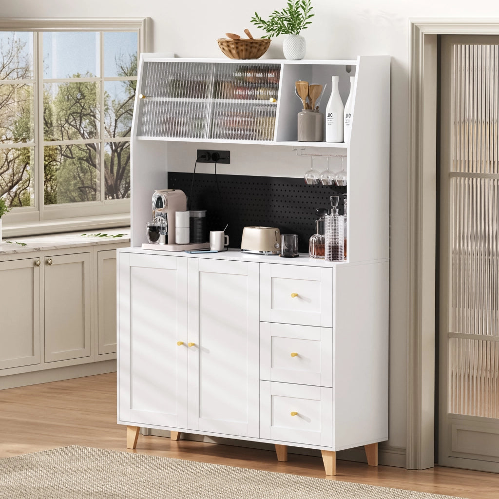 Armadio da cucina con prese e pannello forato - Zephmum -  Bianco - Ripiani per vino e cassetti