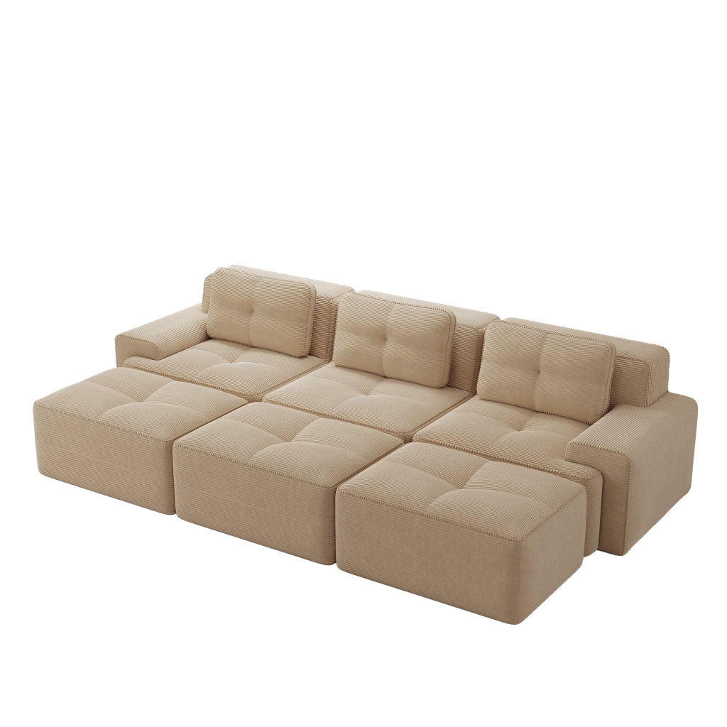 Divano Angolare Modulare 3 Posti con Pouf ¨C Xylo ¨C Beige, Tessuto Cord, con Dormeuse