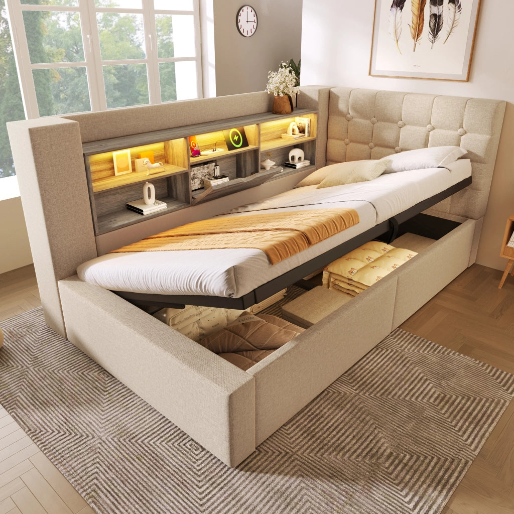 LETTO Singolo 90x200 cm in lino beige con LED, USB e contenitore