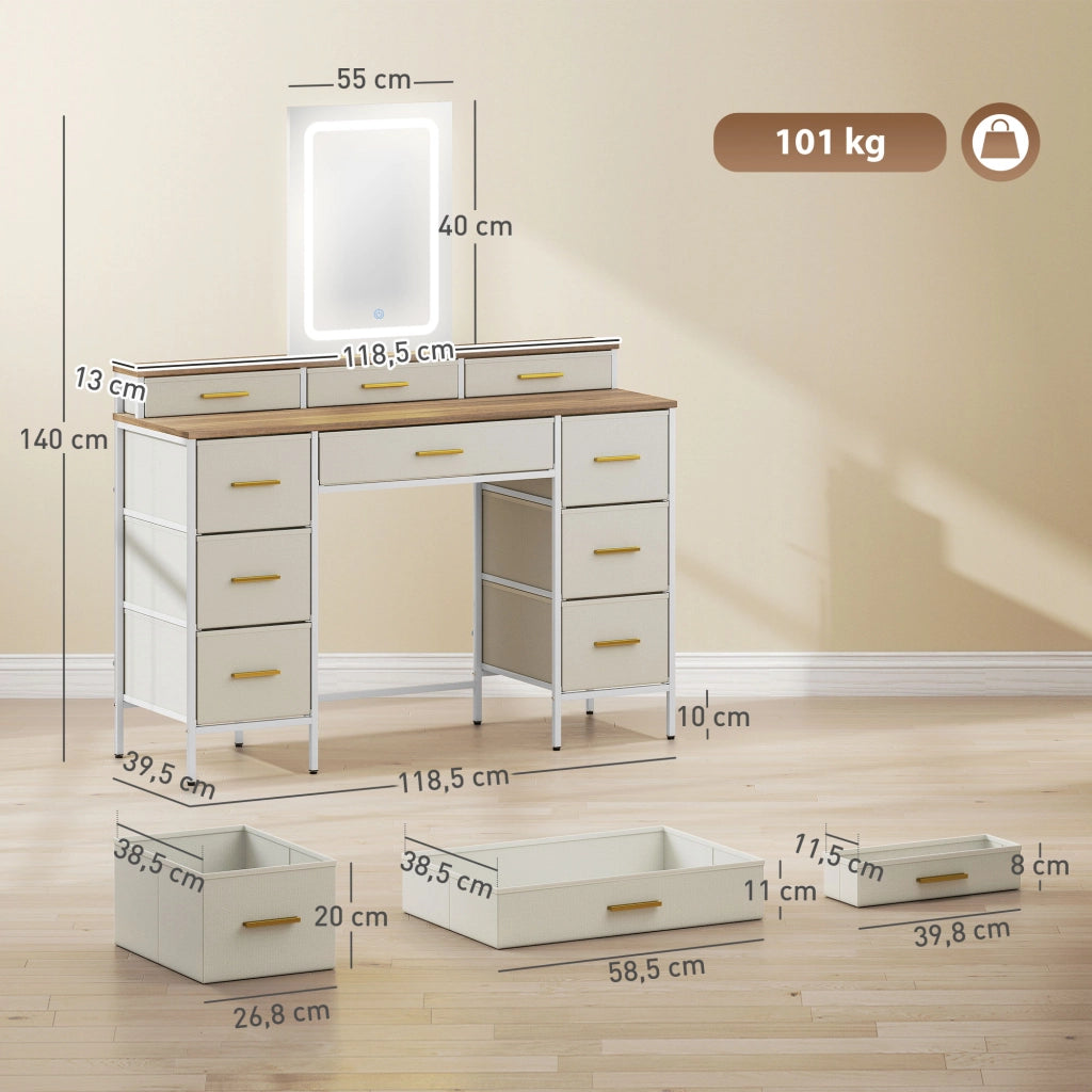 Toilette con specchio LED 3 colori ¨C Xylo ¨C 10 cassetti tessuto 118,5x39,5x140cm naturale