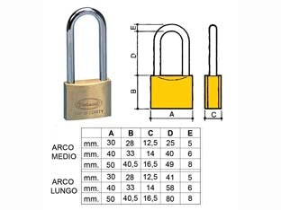 LUCCHETTO OTTONE ARCO LUNGO 2700- - mm.30 arco lungo (2770) - 12 pezzi POTENT