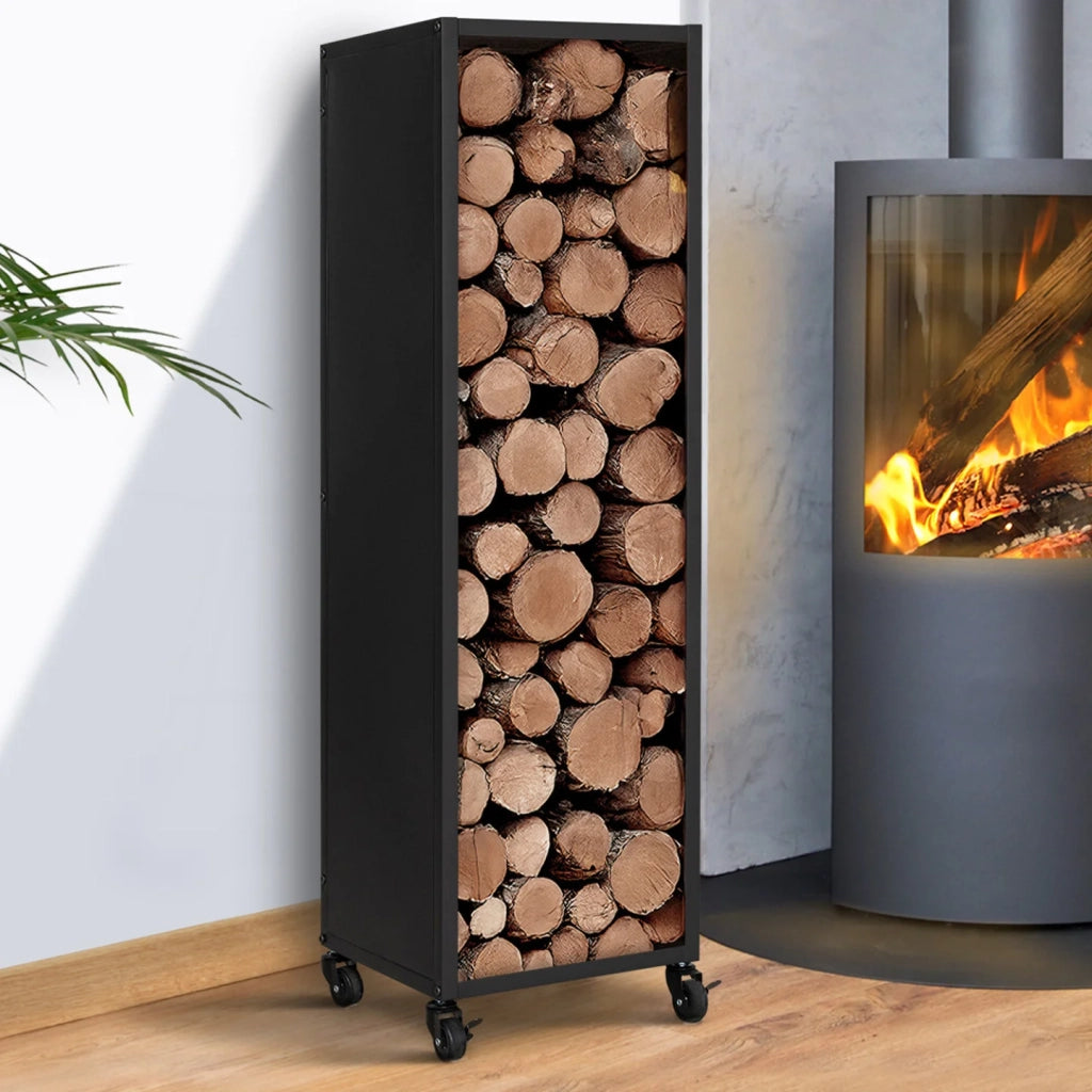 IDMarket - Portaceppi verticale in acciaio nero massiccio H. 119 CM per caminetti con rotelle