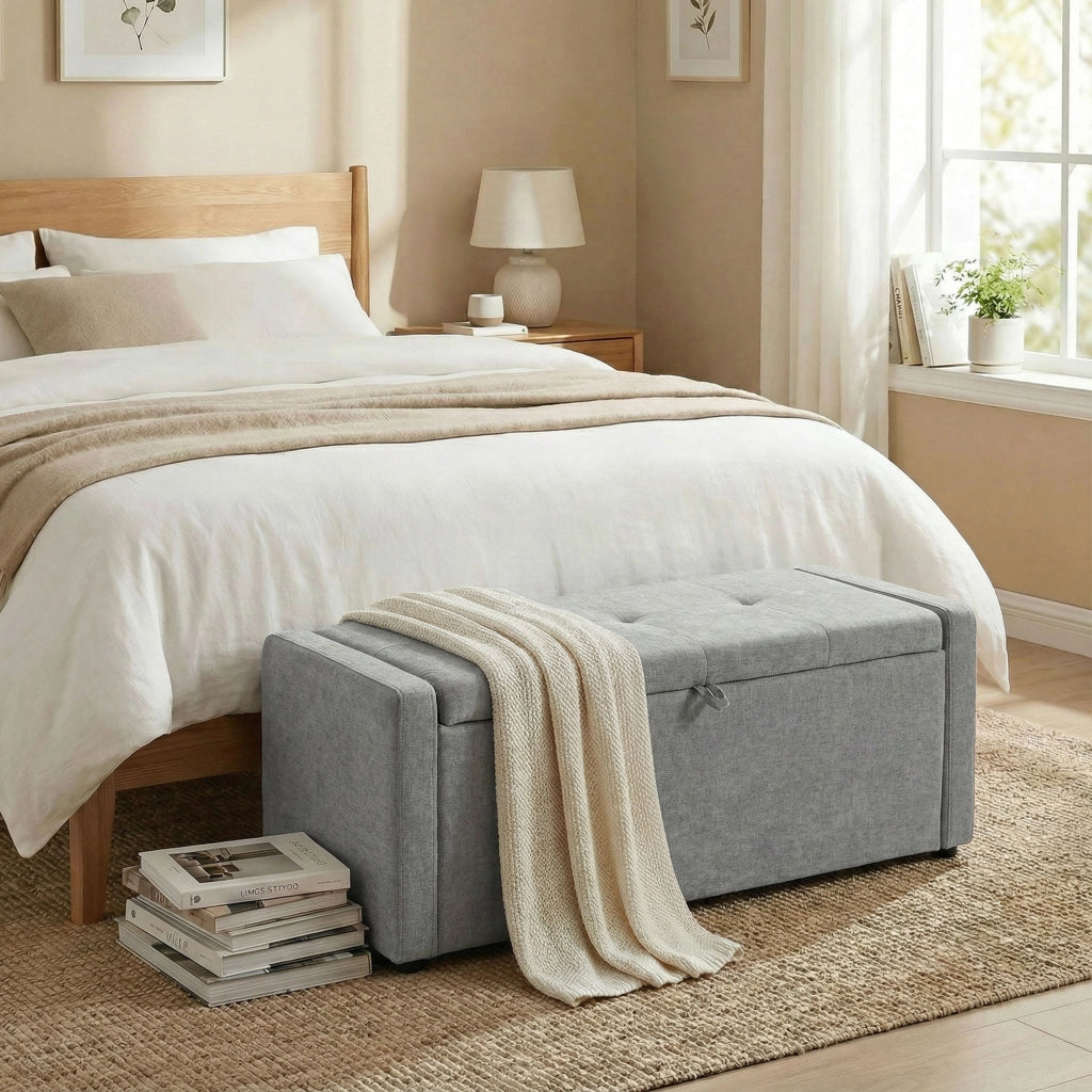 Cassapanca 142L Pouf Contenitore, Seduta Ampia Imbottita, in Lino, Capacit¨¤ 200 kg, Grigio Chiaro