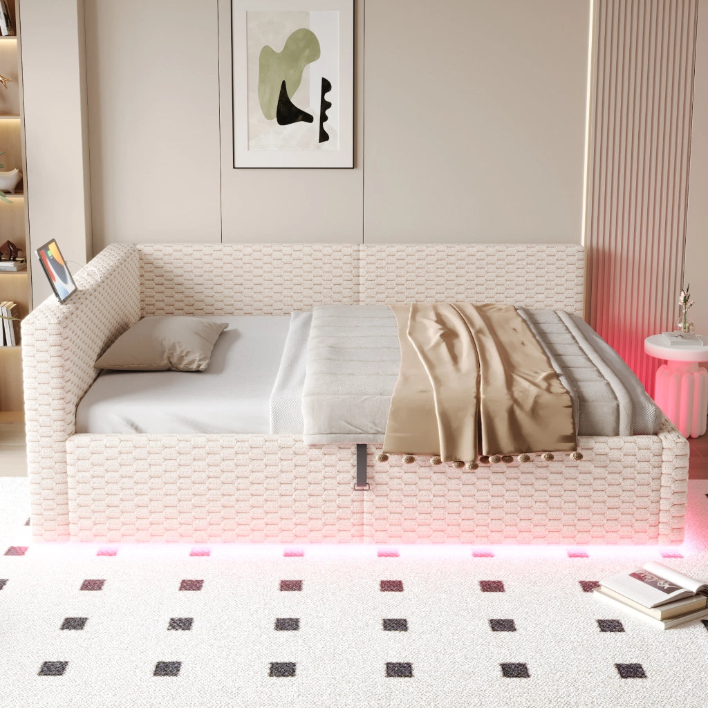 Letto Imbottito 140x200 con LED e USB ¨C MINIMAL ¨C Velluto Beige, Idraulico