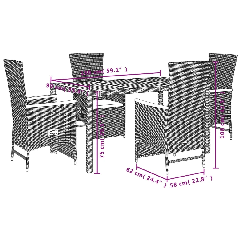 Set da Pranzo da Giardino 5 pz Nero con Cuscini in Polyrattan 3277510