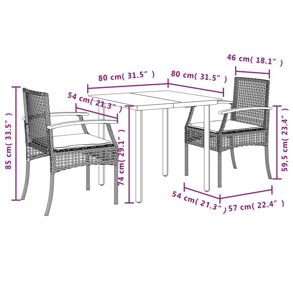 Set da Pranzo da Giardino 3 pz con Cuscini Nero in Polyrattan
