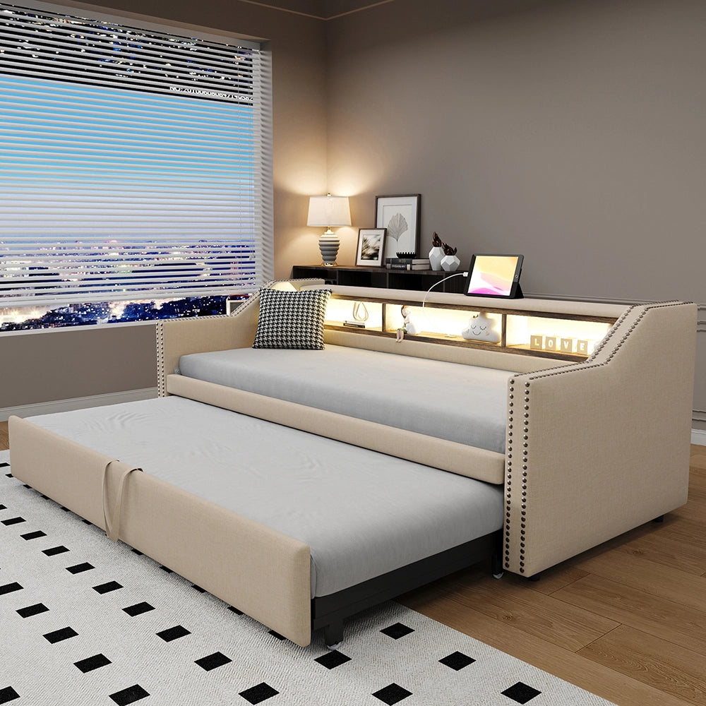 Divano letto - Xylo - 90/180x190 cm LED USB beige