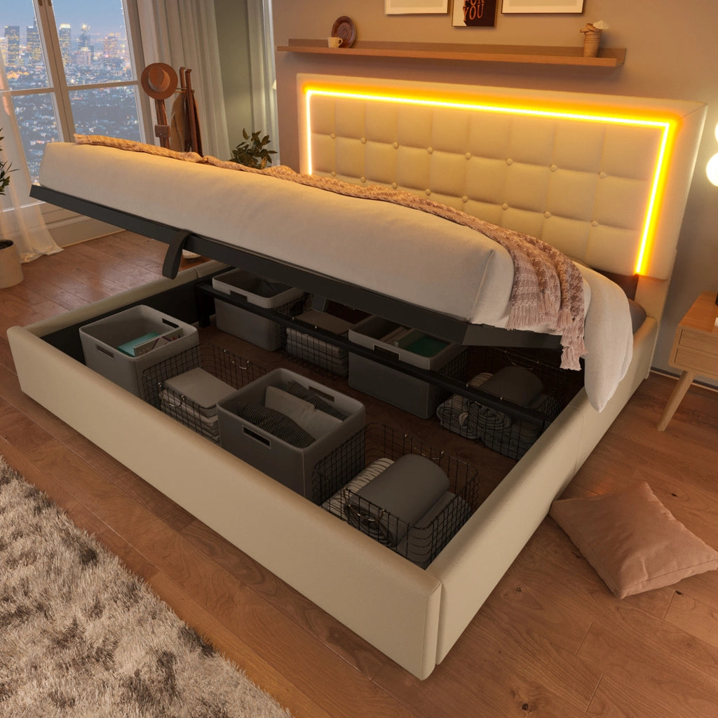 LETTO Contenitore 140x200 cm con LED, PU Bianco