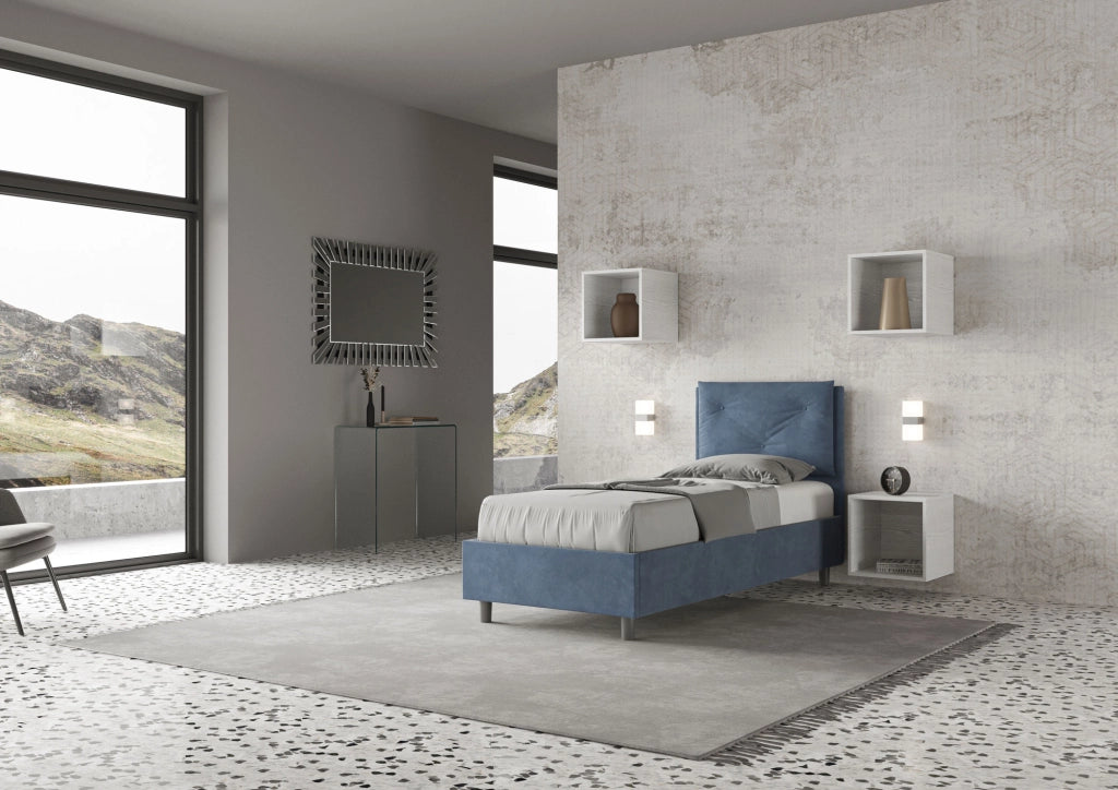 BS COM Letto singolo con rete imbottito 90x200 microfibra blu