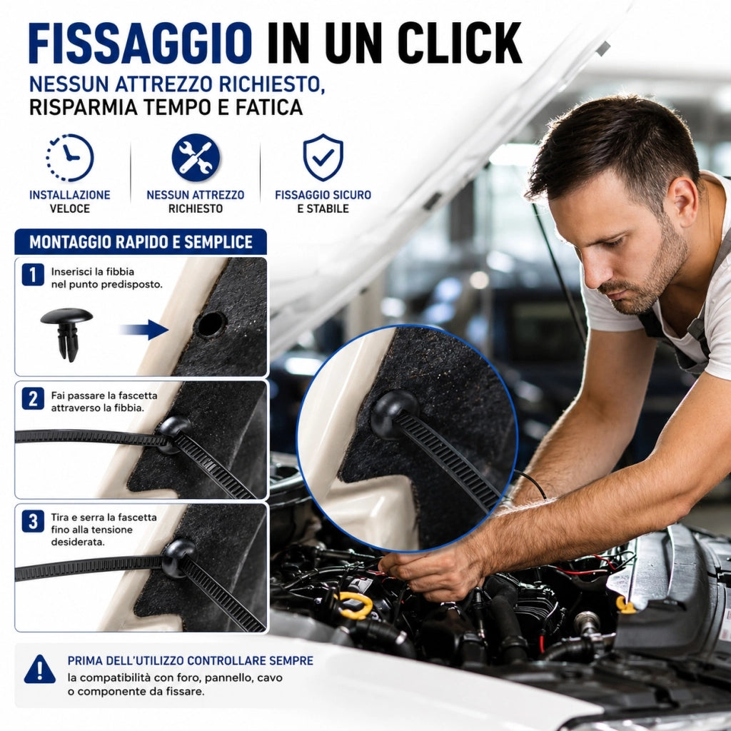50 Fascette Nylon con 50 Fibbie a Rivetto per Auto Moto e Cablaggi