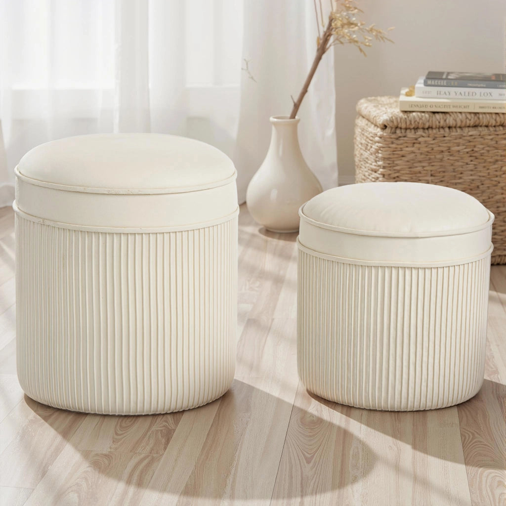 Pouf di stoccaggio in velluto ¨C Minimal ¨C 2 pezzi crema ?36 e ?32 cm