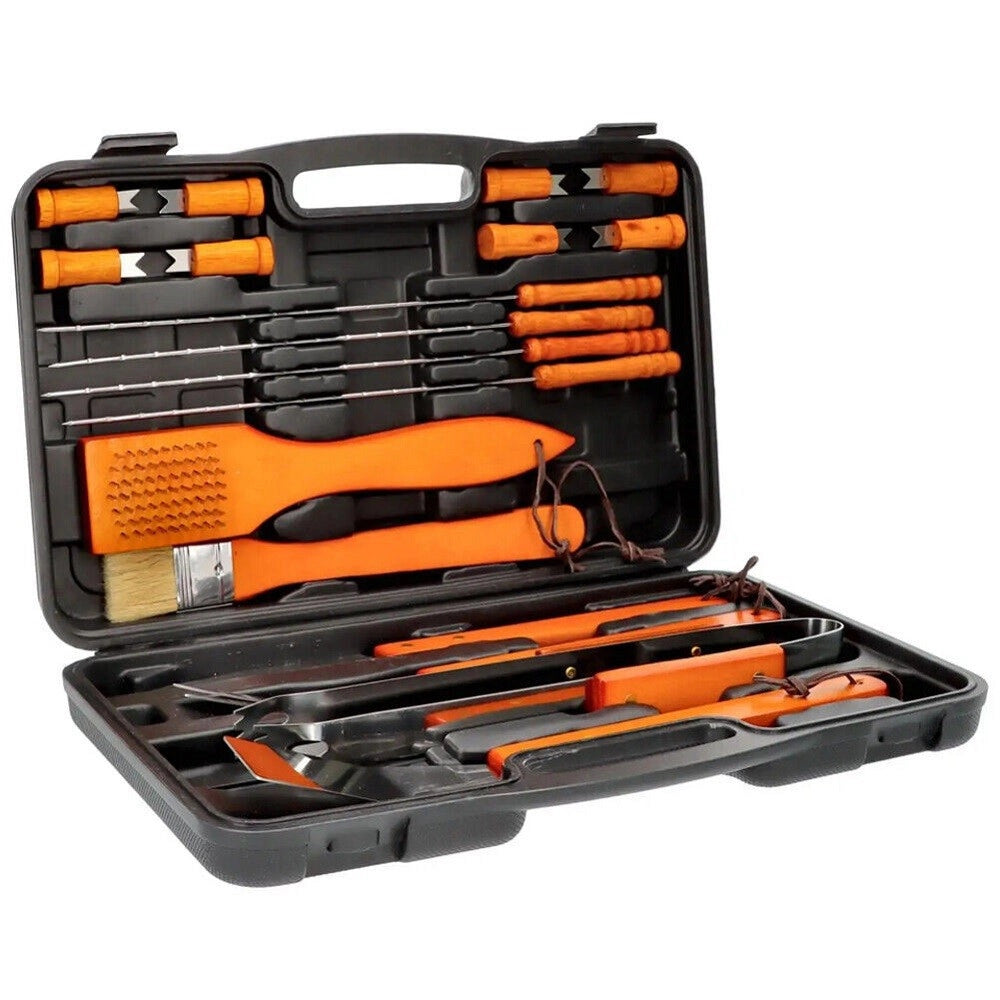 Trade Shop - Set Barbecue 18 Pezzi Con Valigetta Bbq Grill Acciaio Inox Manico Legno 6498010 -
