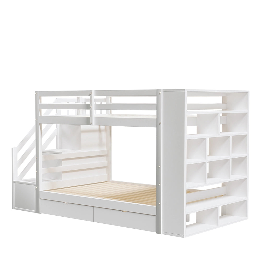 Letto a castello 90x200 cm - Xylo - Bianco con scala di sicurezza e cassetti