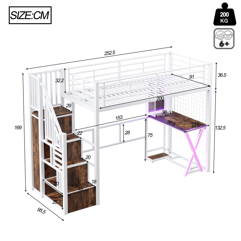 Letto a soppalco con scrivania e armadio - Zephmum- 90x200cm, LED, bianco