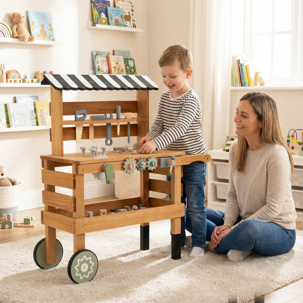 Carrello legno 2 in 1 bambini banco lavoro accessori realistici 2 ruote maniglia-Portatile cappottina porta attrezzi scaffale 3+ anni