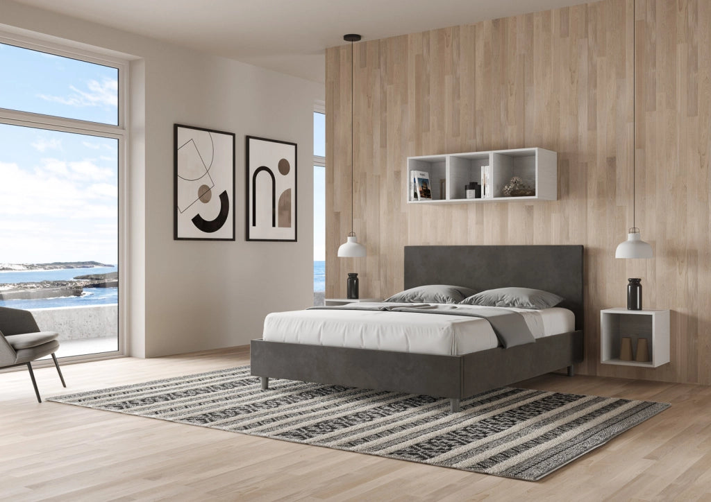 BS COM Letto matrimoniale king size con rete imbottito 170x200 microfibra grigio