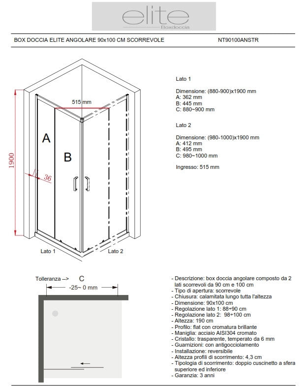 BOX DOCCIA ELITE ANGOLARE 90x100 CM SCORREVOLE OPACO