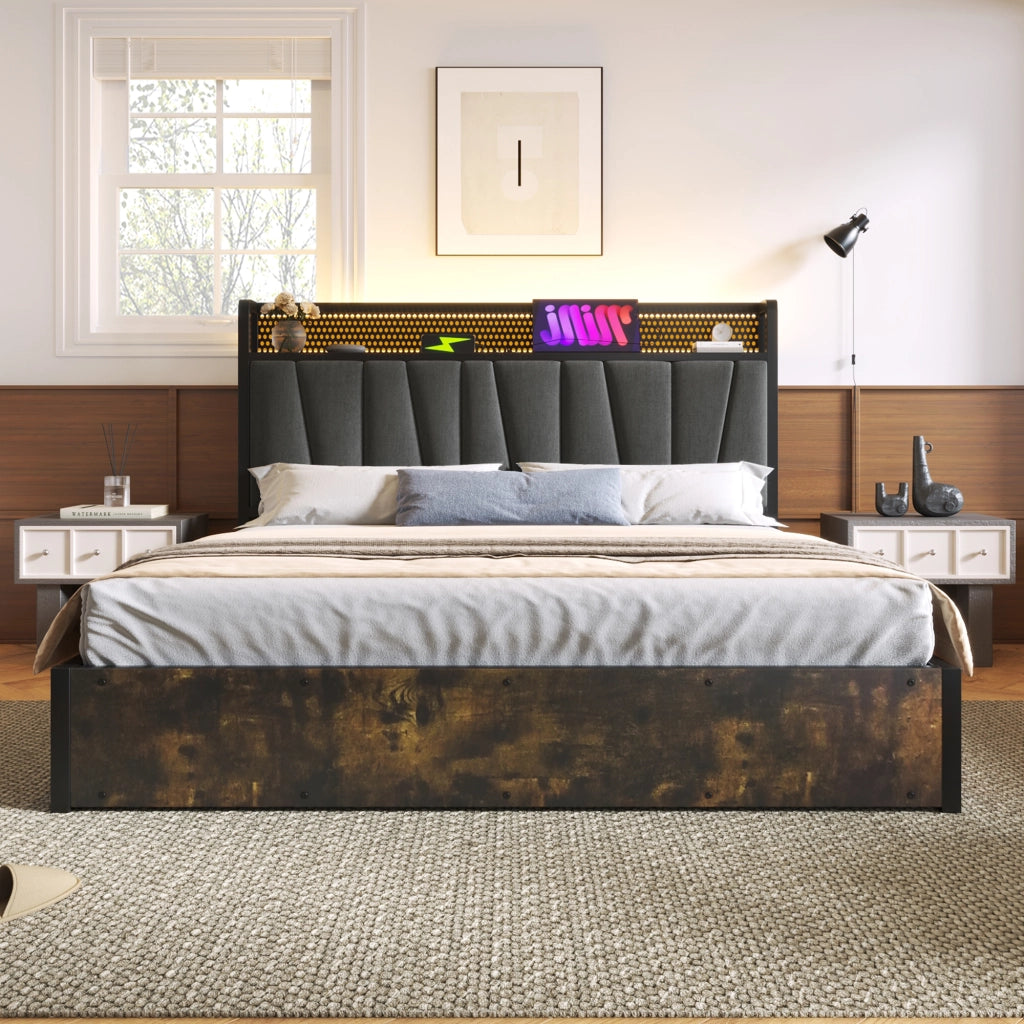 LETTO matrimoniale 180x200 cm in lino grigio con LED App-Control, USB e prese