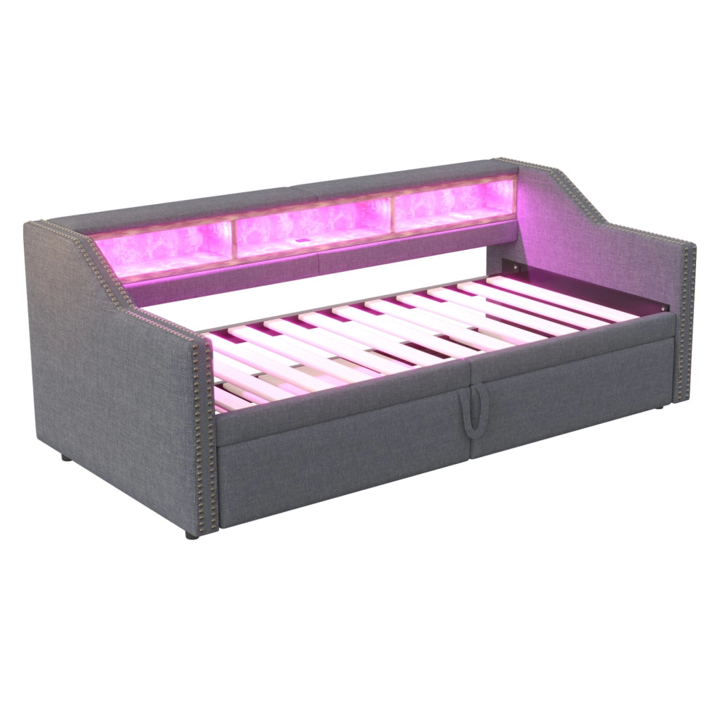 Divano letto estraibile 90/180x200 cm con LED, USB e vani laterali
