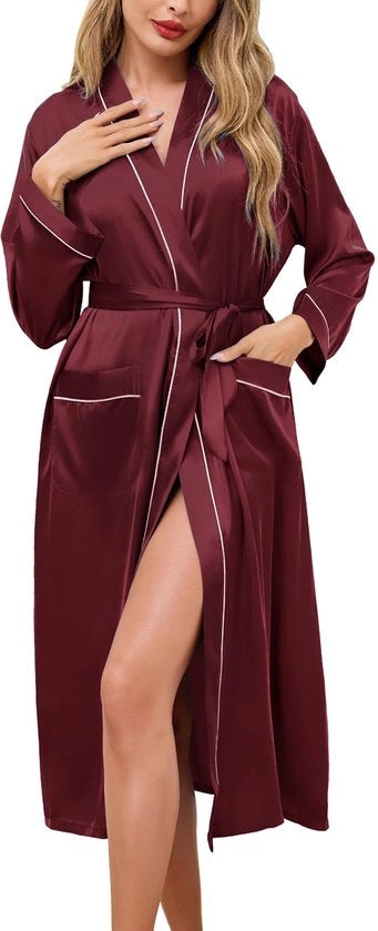 Kimono da notte per donna, lunga, con collo V, in seta, colore scuro, per matrimoni e feste notturne.
