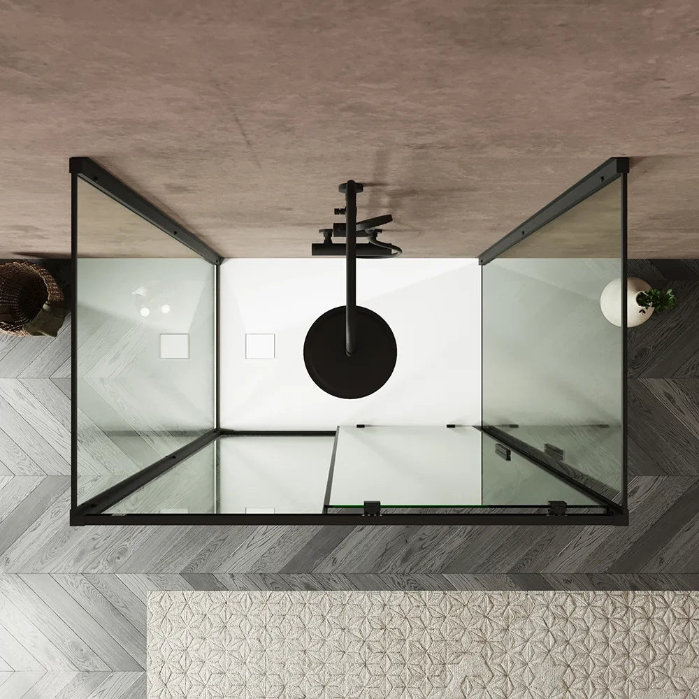 Box doccia tre lati 70x130x70cm con porta scorrevole profili nero opaco e vetro 6mm trasparente h190 | Portofino