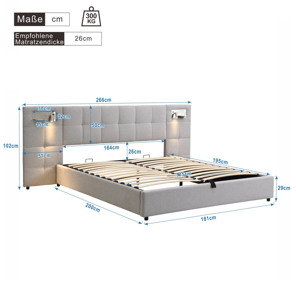Letto imbottito 180x200 cm - Zephmum - USB, ricarica wireless, luce, contenitore