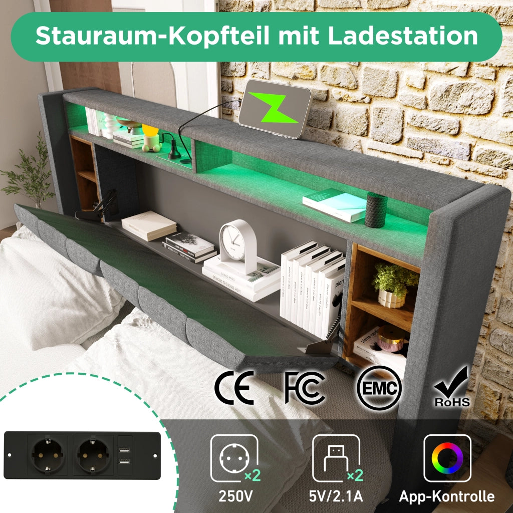 LETTO matrimoniale 140x200 cm grigio con testiera contenitore, USB e LED
