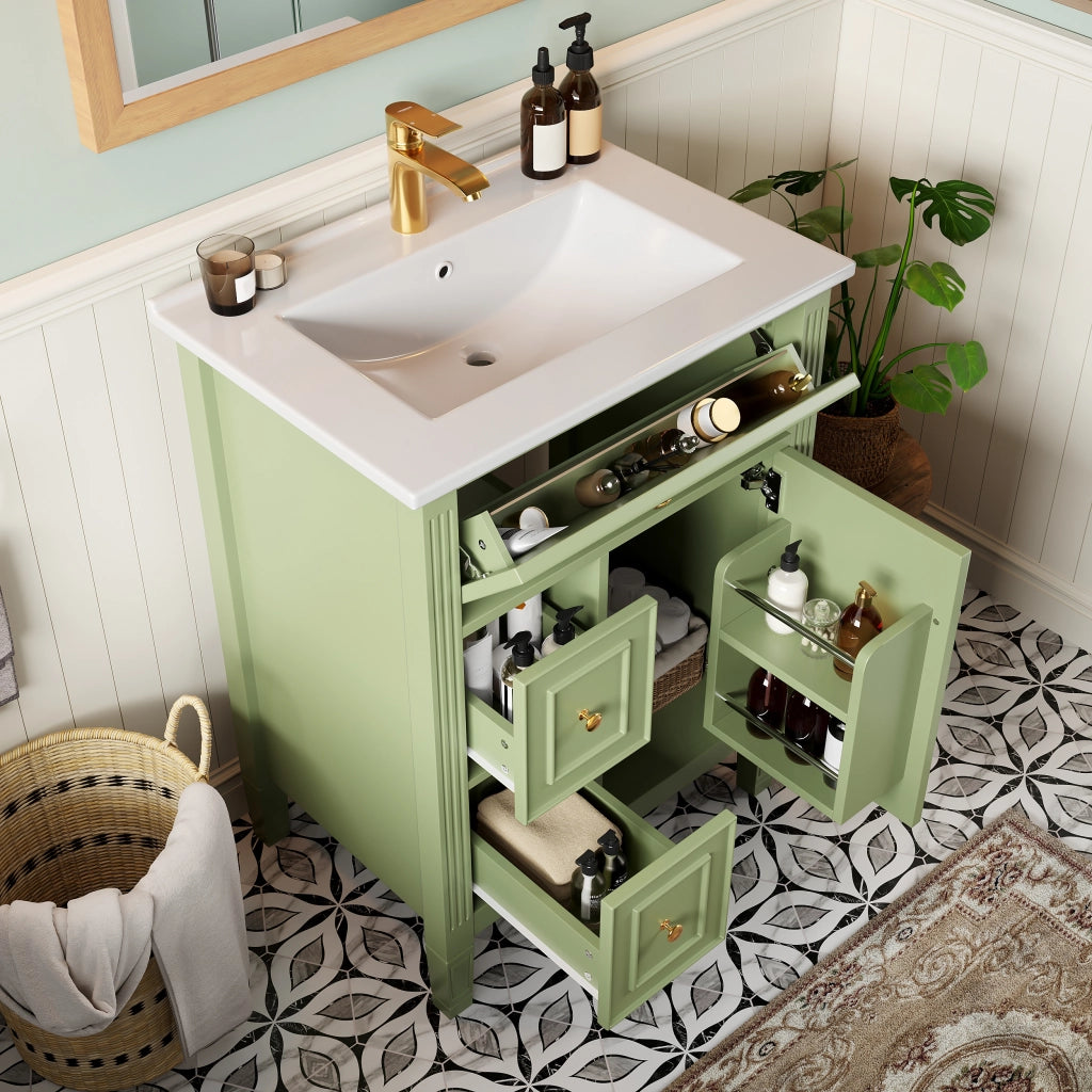 Mobile Bagno 61x47x86 cm Verde Lucido con Lavabo Ceramico, 3 Cassetti, Anta Soft-Close, Senza Rubinetto