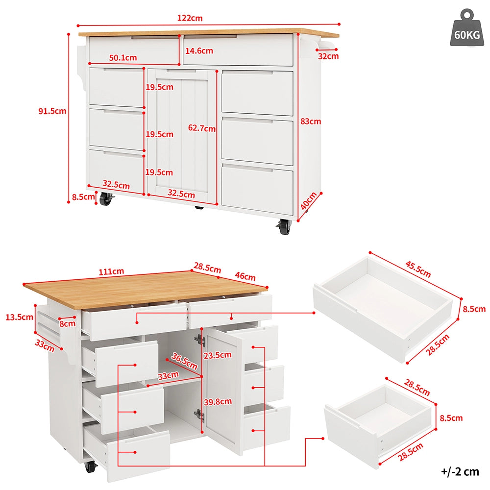 Isola cucina - Xylo - estensibile rotelle 8 cassetti bianco